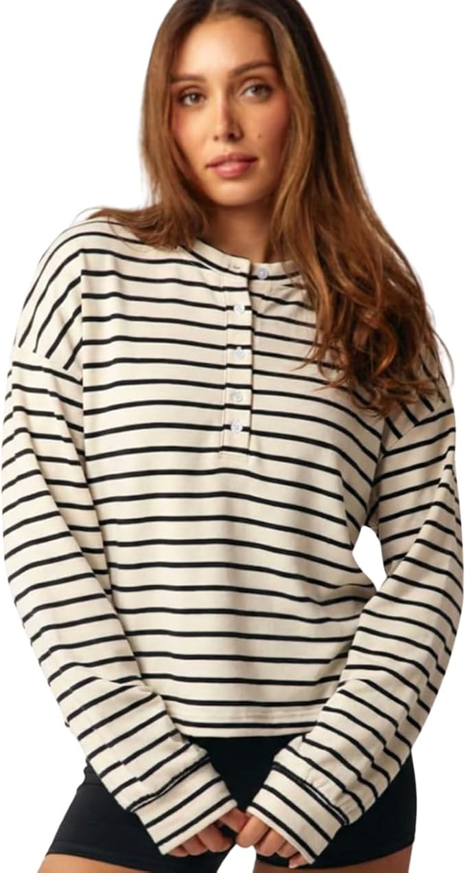 Almere Oversized Cotton Henley Longsleeve Tee, Striped Button Down, Boyfriend Fit | Amazon (US)