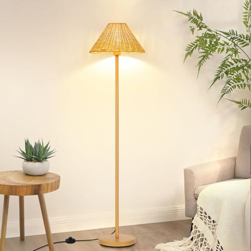 Boho Floor Lamps for Living Room, Rattan Floor Lamp with Woven Wicker Lampshade, 62 inches Mid Century Modern Standing Light, Farmhouse Rustic Coastal Lamp for Bedroom Office Corner, Easy Foot Switch | Amazon (US)