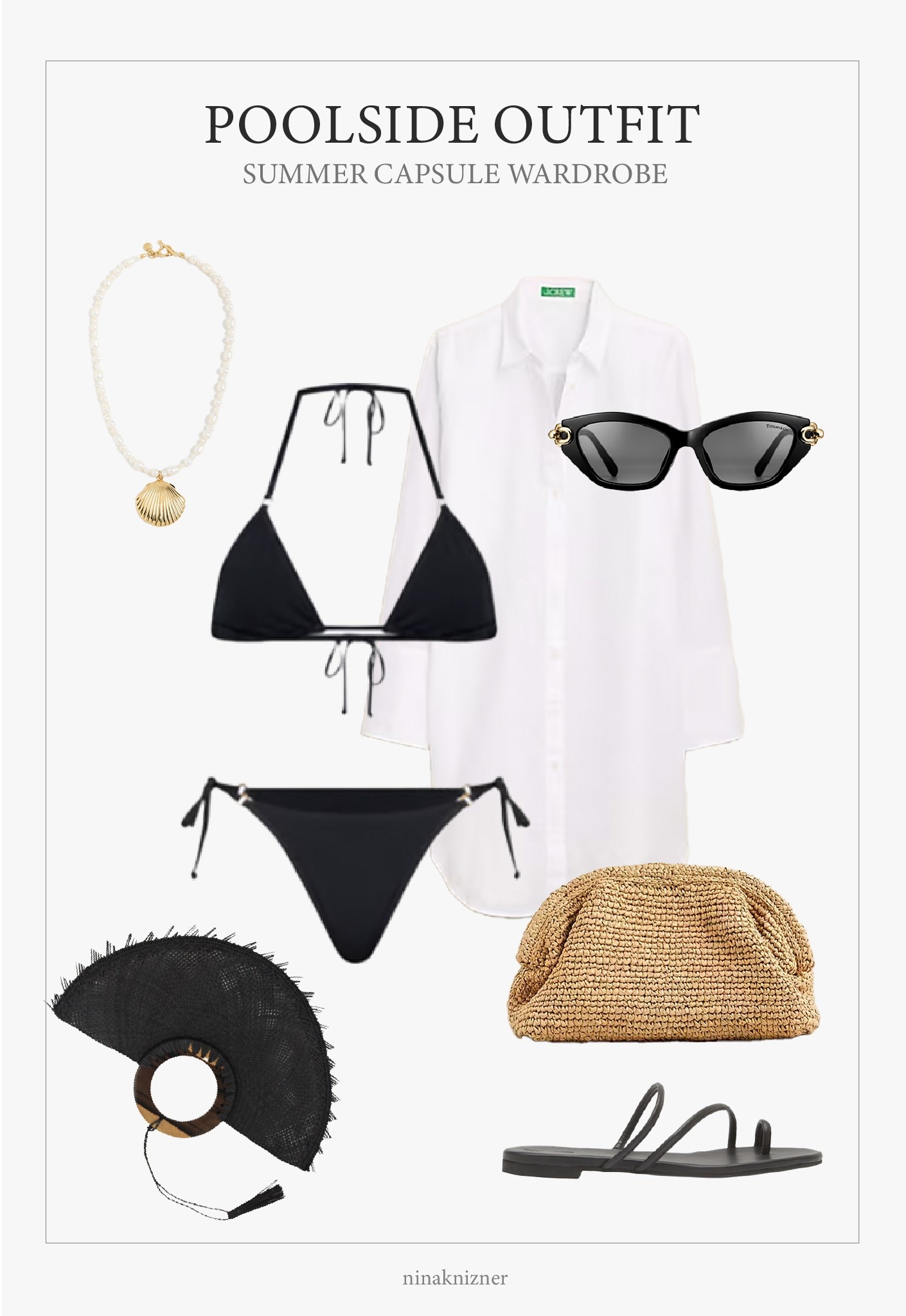 Casual and neutral summer outfit for sunny days by the pool.

Black bikini set by my favorite swim brand; Lspace. Paired with a long, white button up shirt, a handmade straw clutch and fan, pearl and seashell necklace, and the must have sandals of the season by Reformation. 

My new, cat-eye sunnies with a  gorgeous gold temple. 

Cover Up | Summer Outfit | Sandals

#pooloutfit #summeroutfit
#capsulewardrobe #modernluxe #quietluxury #neutraloutfits #swim #bikini

#LTKStyleTip #LTKSeasonal #LTKSwim