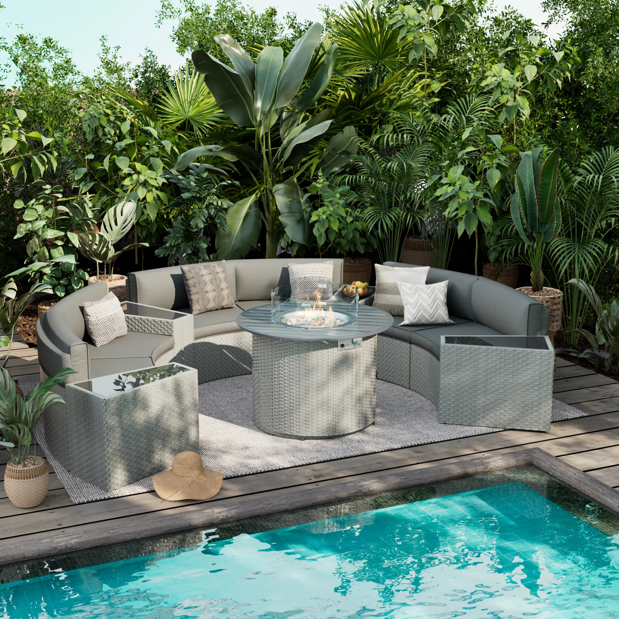 Meredithe Half-Moon 6 - Person Fully Assembled Curved Patio Conversation Set With Fire Pit Table ... | Wayfair North America