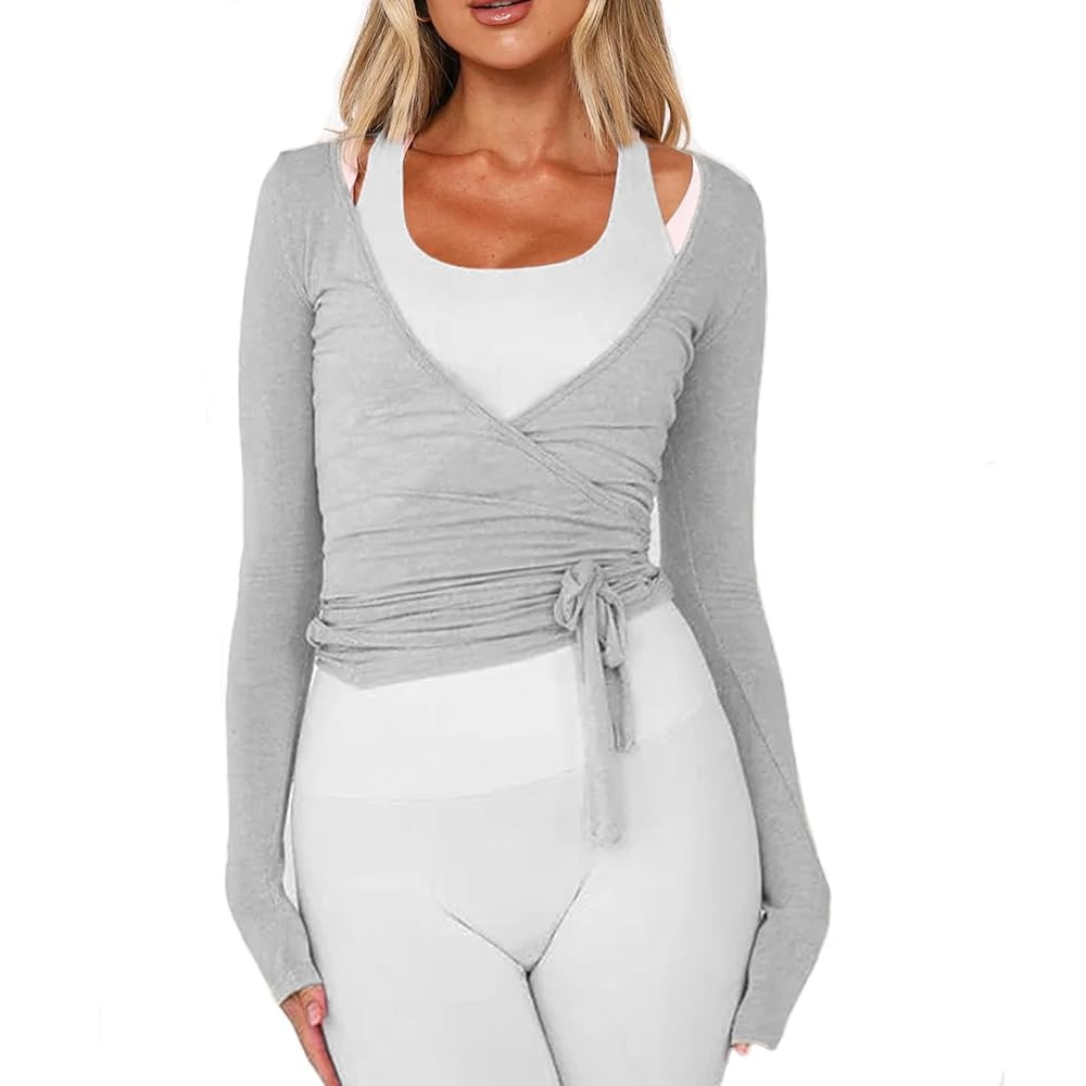 Women Wrap Tie Top Y2k Long SLeeve Ballet Workout Yoga Shirt Coquette Blouses | Amazon (US)
