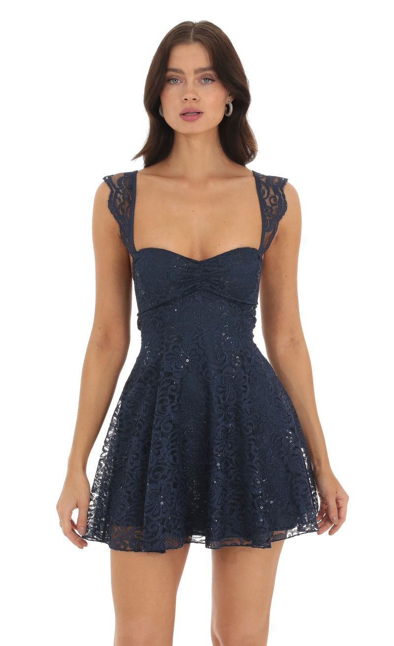 Lace Sequin Fit and Flare Dress in Navy | Lucy in the Sky