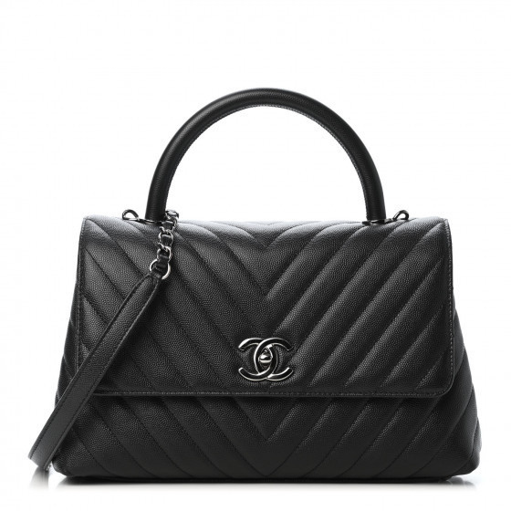 CHANEL Caviar Chevron Quilted Small Coco Handle Flap Black | Fashionphile