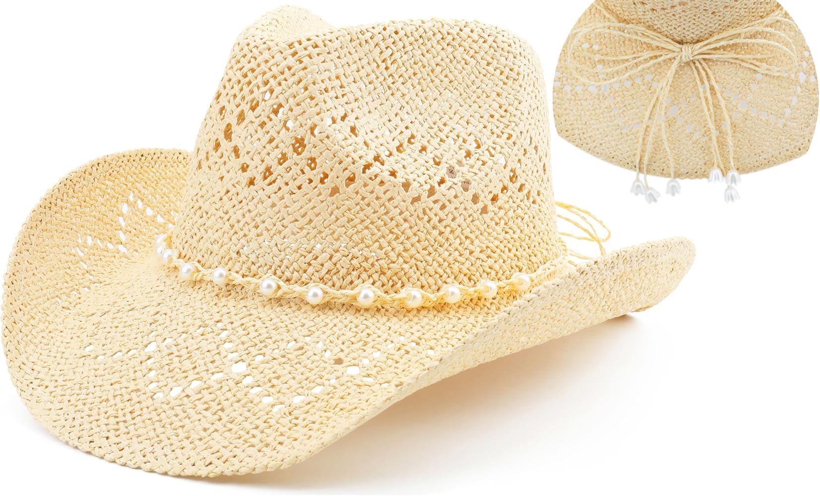BESOOGII Straw Beach Cowboy Hat for Women Shapeable Brim Western Cowgirl Hat | Amazon (US)