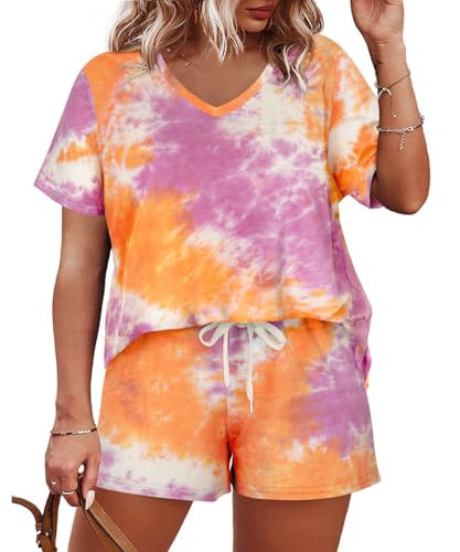 CARCOS 2 Piece Outfits for Women Summer Plus Size Shorts Set 4X Tie Dye Orange Shirts V Neck Short Sleeve Tracksuits Sets Vacation Beach Outfits Lounge Set with Pocket 4XL 24W 26W | Amazon (US)
