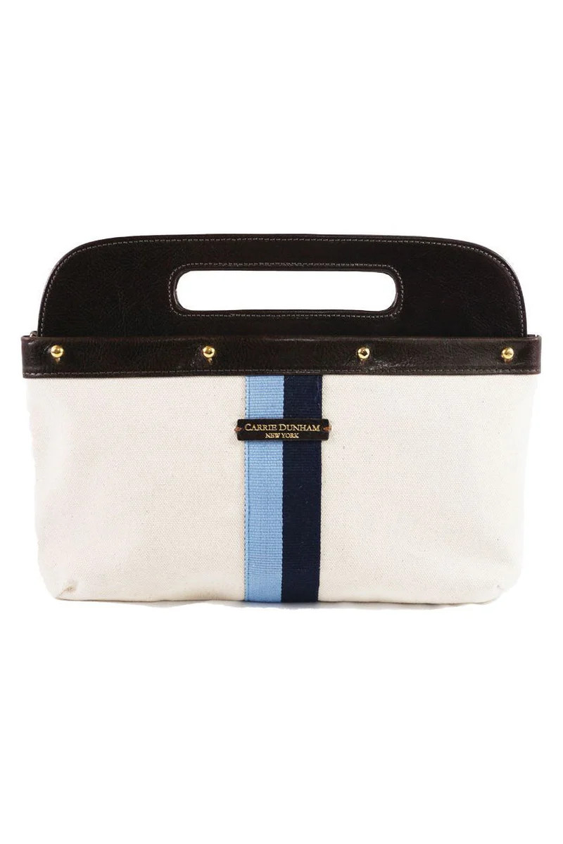 French Blue/Navy Stripe Canvas Clutch Cover w/ Leather Trim | CARRIE DUNHAM