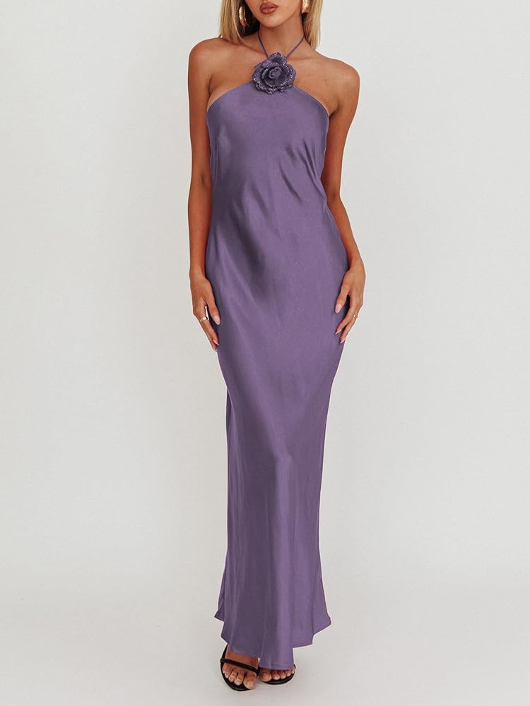 Summer Satin Halter Backless Maxi Dresses for Women 2025 Silk Sleeveless Formal Wedding Guest Lon... | Amazon (US)