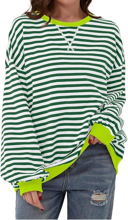Womens Oversized Classic Striped Long Sleeve Sweatshirt Casual Crewneck Color Block Loose Pullove... | Amazon (US)