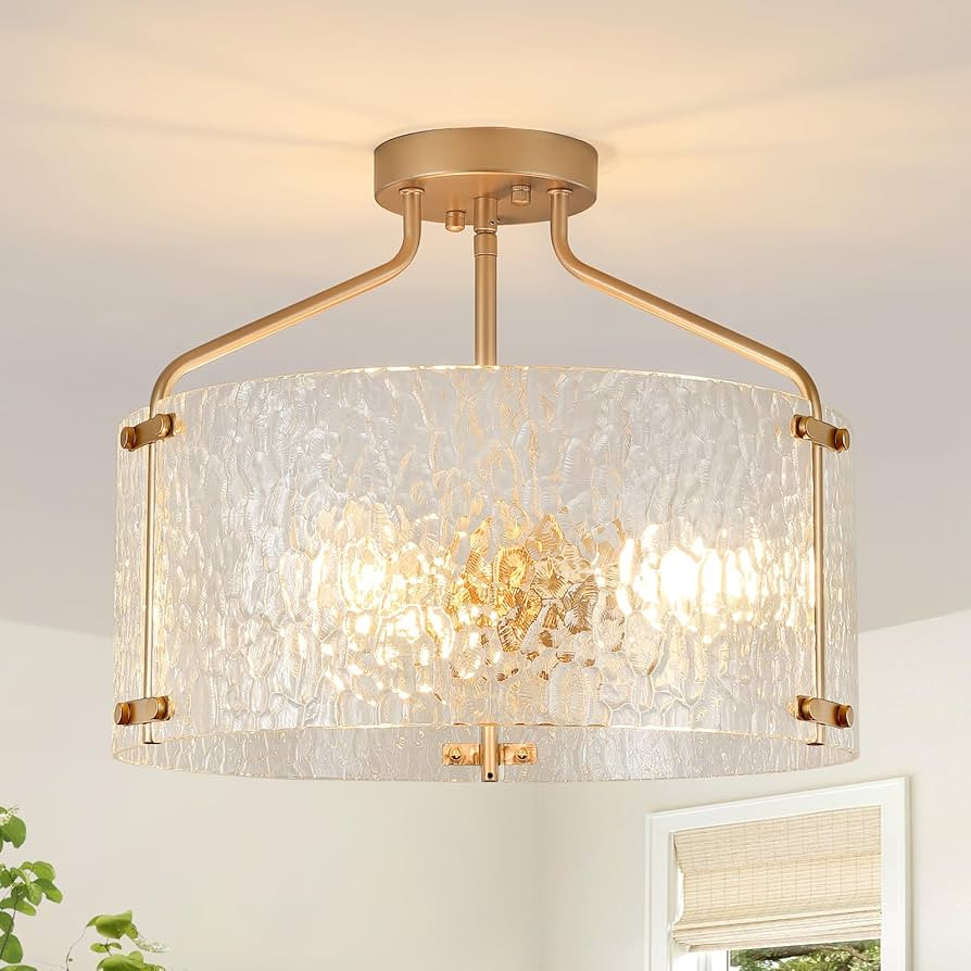 Semi Flush Mount Ceiling Light Fixture Glass Drum Chandelier Entryway Light Fixture 16''Gold Flus... | Amazon (US)