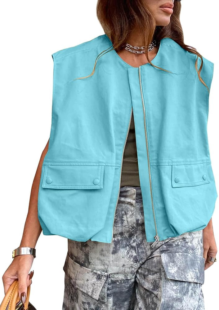 Tankaneo Womens Casual Zip Up Vest Cargo Oversized Ruched Hem Sleeveless Blazer Jackets Tops | Amazon (US)