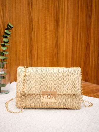 Simple Chain Lock Mini Bag Fashionable Woven Women's Shoulder Crossbody Bag | SHEIN