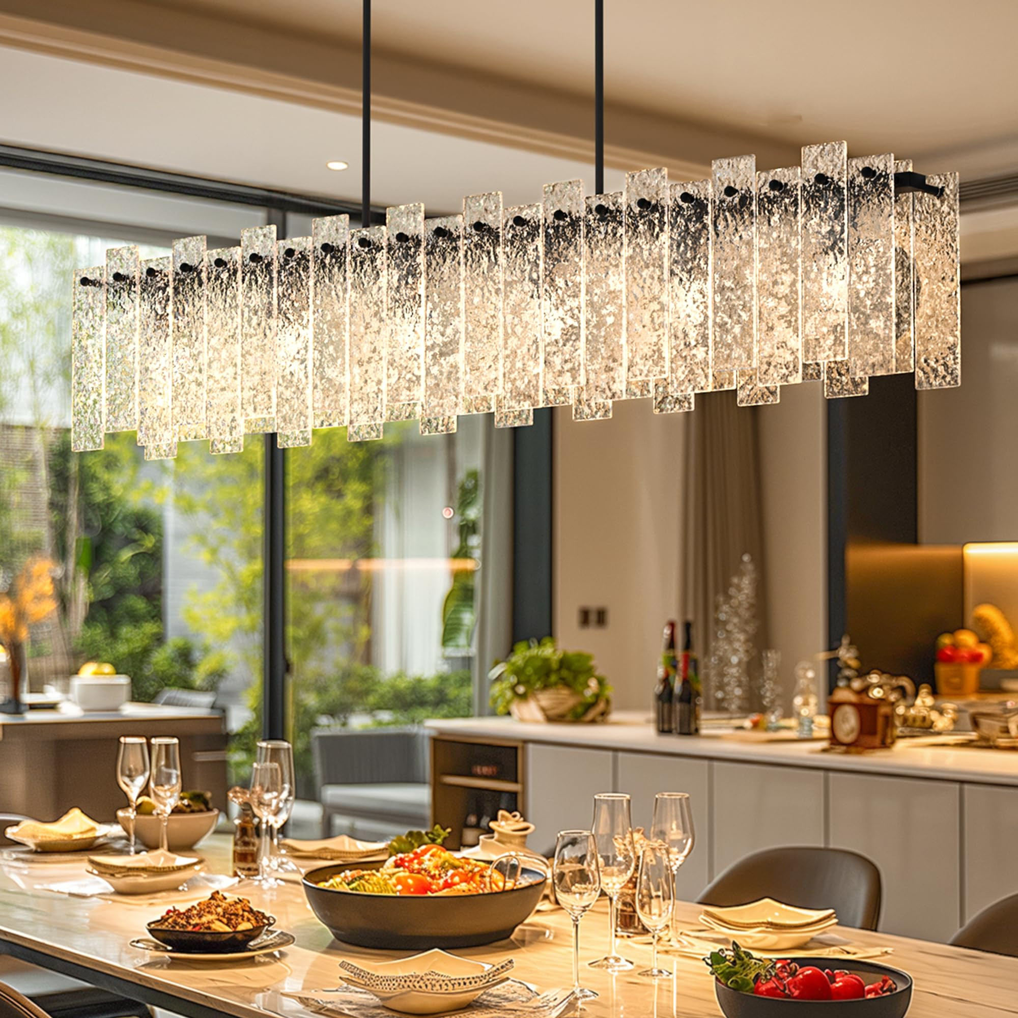 Modern Black Rectangle Chandelier, 48" Dining Room Chandelier with Water Ripple Glass, Staggered ... | Amazon (US)