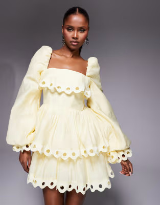 ASOS LUXE tiered puff sleeve mini dress with cut out trim in buttermilk | ASOS (Global)