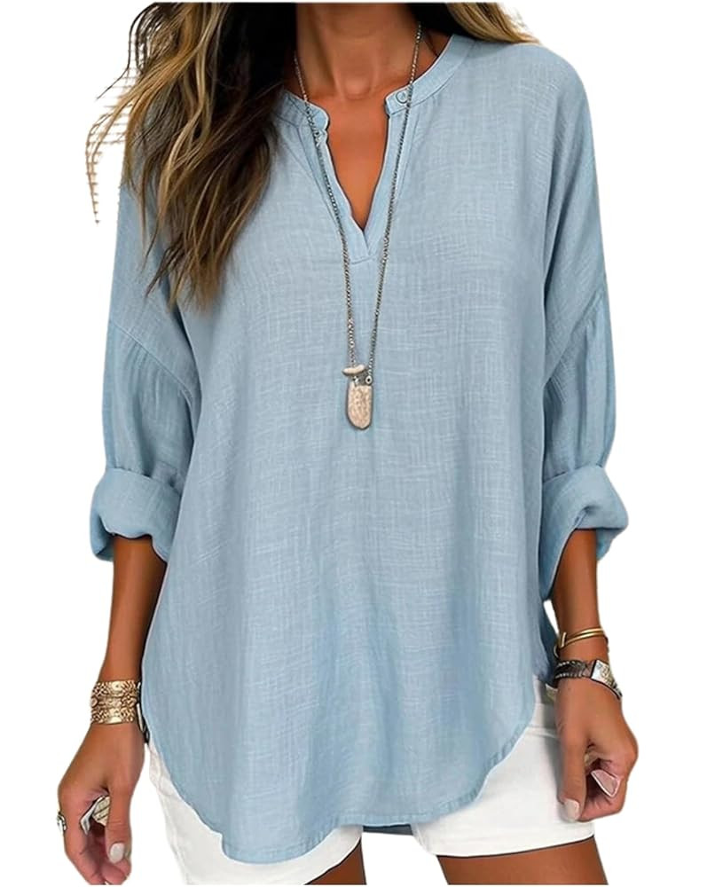 Women Casual Linen Blouses V Neck Long Sleeve Pullover Solid Cotton Linen Shirts Lightweight Loos... | Amazon (US)