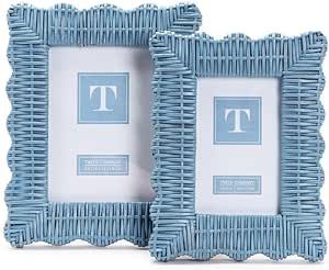 Two's Company Handmade Blue Rattan Photo Frame Set - 4x6 & 5x7 Wooden Boho Picture Frames Desk De... | Amazon (US)