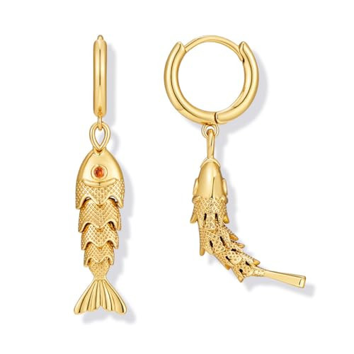 FAUTHENTICUTE 14K Gold Fish Dangle Earrings For Women Small Gold Huggie Hoop With A Movable Koi Fish Charm Summer Boho Jewelry Gift | Amazon (US)