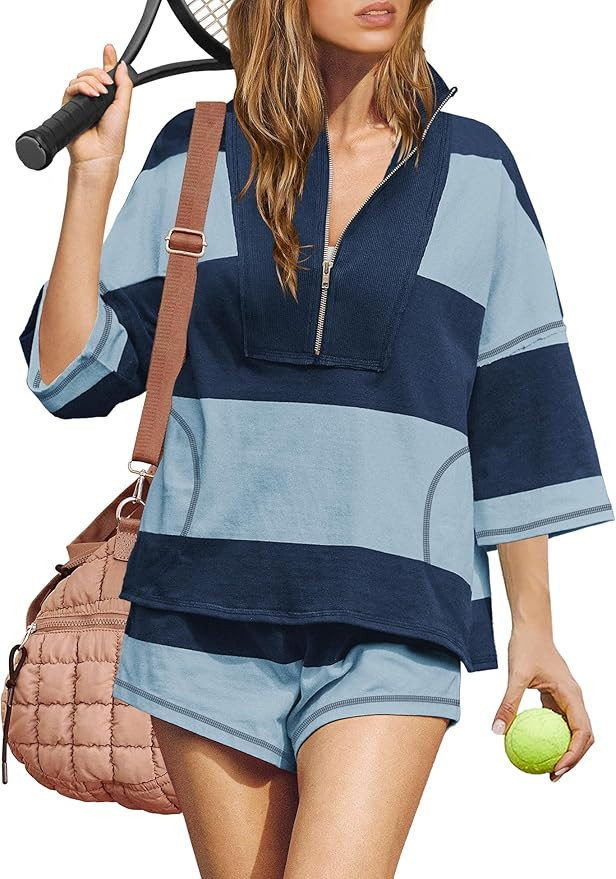 ReachMe Womens Workout Striped Short Sets 2 Piece Outfits Summer Matching Lounge Sets Top and Sho... | Amazon (US)