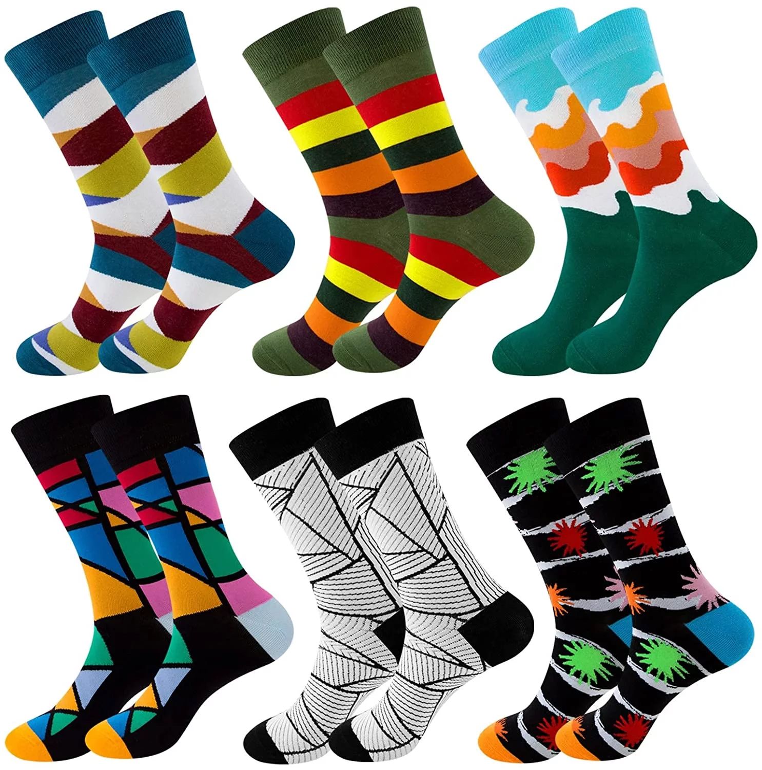 6 Pairs Colorful Novelty Crew Socks Soft Cotton Funny Patterned Casual Crazy Dress Socks for Men,... | Walmart (US)