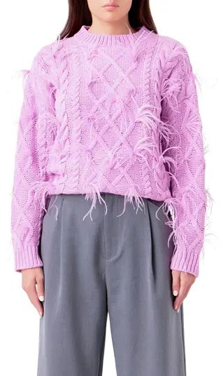 Endless Rose Feather Trim Cable Knit Sweater | Nordstrom | Nordstrom
