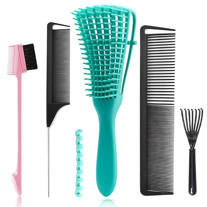 5 Pcs Detangling Hair Brush Set, Ez Detangler Brush With Edge Brush, Rat Tail Combs for Black Nat... | Amazon (US)