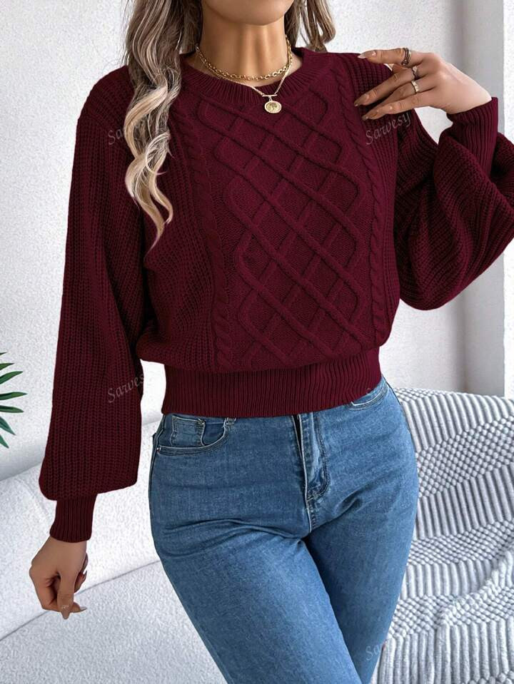 Casual Basic Cabled Knit Crew Neck Long Sleeve Sweater, Autumn/Winter,Long Sleeve Tops | SHEIN