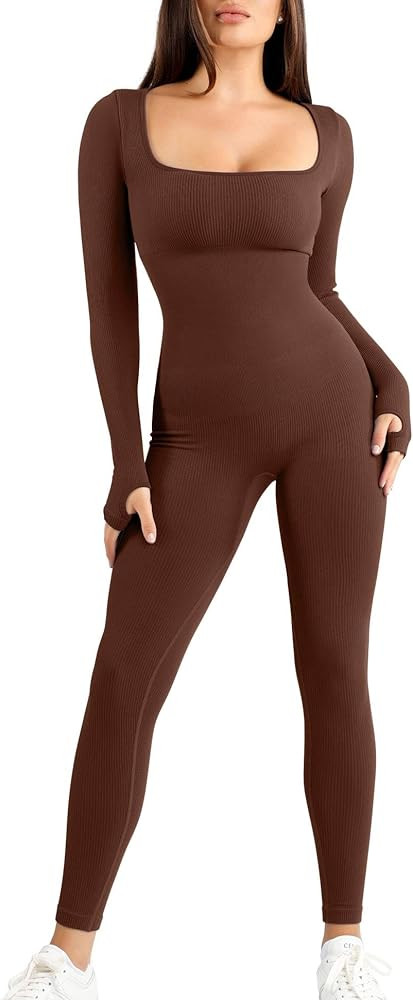 Popilush Long Sleeve Jumpsuit for Women Built In Shapewear Tummy Control Bodysuit Square Neck Bod... | Amazon (US)