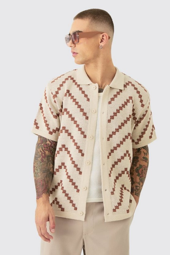 Open Knit Stripe Shirt In Ecru | boohooMAN (US & Canada)