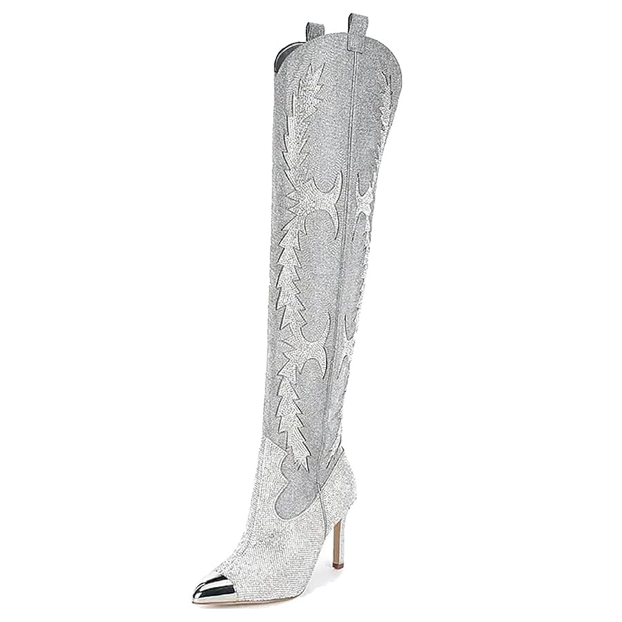 CKSNDLF Women's Western Cowboy Thigh High Boot Rhinestones Cowgirl Boots Glitter Sparkly Boots Ov... | Amazon (US)