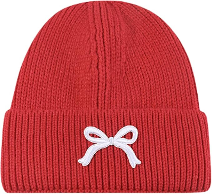 Women Bow Beanie Hat Winter Warm Knit Hats 2024 Cute Embroidery Bowknot Caps Streetwear | Amazon (US)