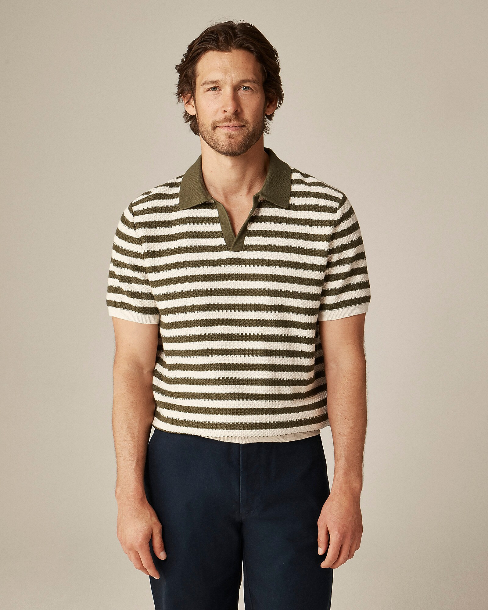 Short-sleeve textured-stitch cotton johnny-collar sweater-polo in stripe | J. Crew US