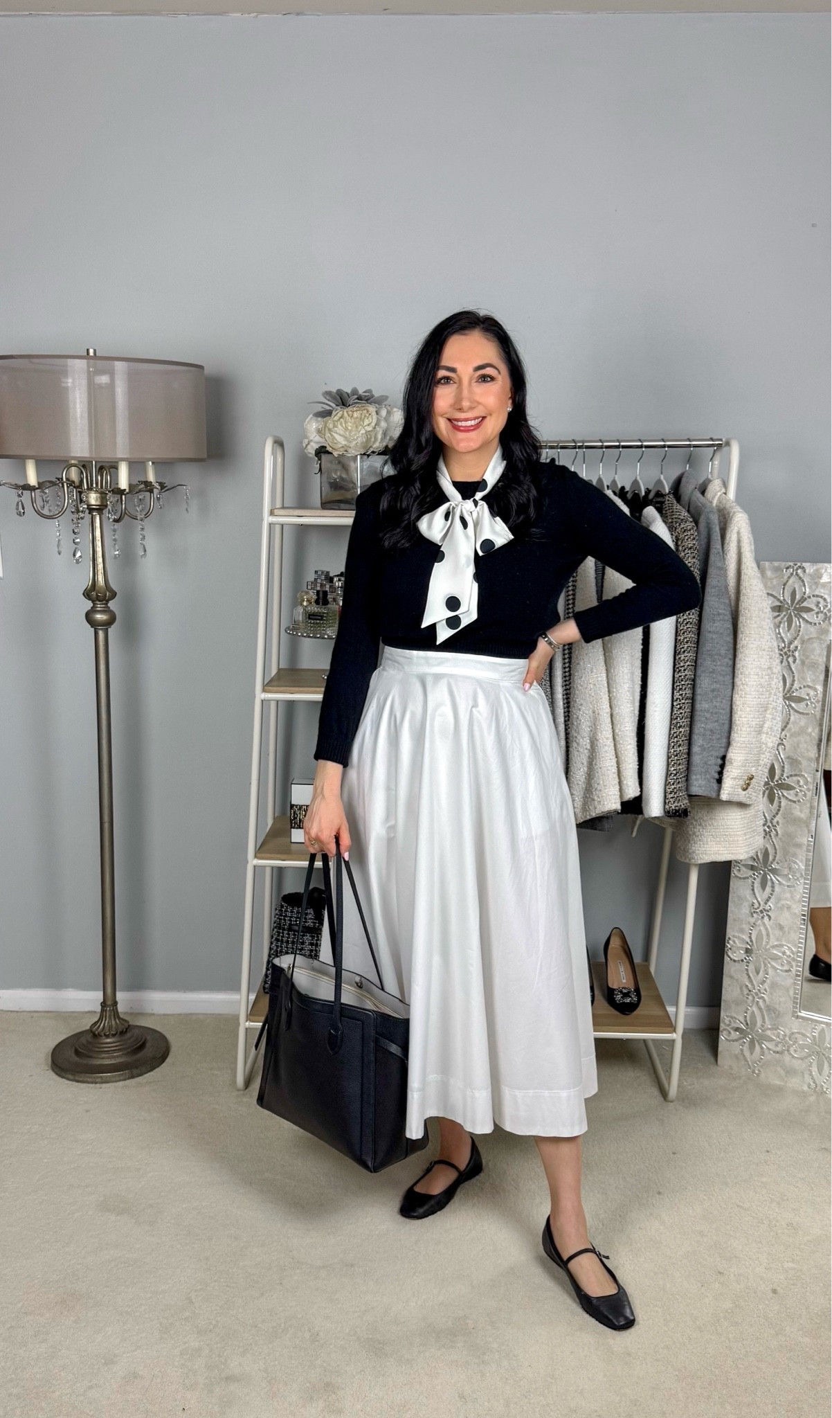 Classy business casual work outfit 🖤🤍

Black cashmere sweater 
Black and white polka dot sleeveless blouse size small, slightly big 
White midi skirt size 4, slightly big 
Black Mary Jane flats size 7, TTS so comfortable 

Work wear 
Office outfit

#LTKootd #LTKWorkwear #LTKSaleAlert
