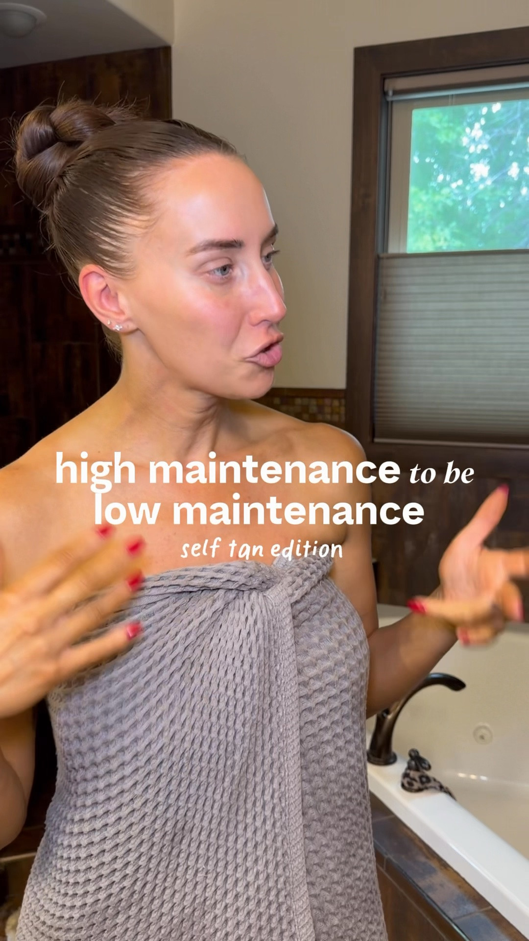 high maintenance to be low maintenance: the self-tan edition 🤎

this is the routine that keeps me glowy all week without a single appointment. save it for your next reset night:

	1.	shower + exfoliate with a tool to get all the dead skin off, then shave
	2.	do NOT put lotion on after — dry skin only
	3.	apply with a mitt, and use a little brush for hands, feet + any uneven crevices
	4.	the details no one tells you: bend your knuckles, knees + elbows so it gets into the creases, and take it up into your hairline, on your ears + eyelids
	5.	at the 2-hour mark, rinse just your hands with water so they don’t look crazy
	6.	marinate 6-8 hours, then rinse everything off
	7.	lock it in with hydration — morning + night to stretch the glow as long as possible

what i used:
• Dolce Glow medium-dark tanning mousse
• Loving Tan face tan
• Osea hyaluronic body serum

products linked 🤎

#selftanning #sunlessglow #athometanning #tanningtips #tanroutine

#LTKgrwm #LTKselfcare #LTKBeauty