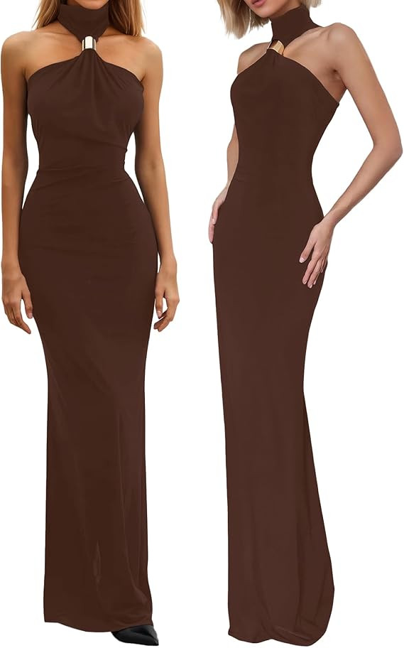 Women’s Party Maxi Dress Metal Knots Off Shoulder Turtleneck Sleeveless Night Club Evening Body... | Amazon (US)