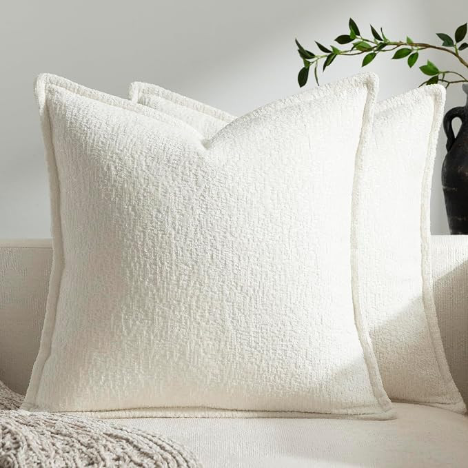 Pack of 2 Cream White Decorative Throw Pillow Covers 22x22 Cozy Soft Chenille Accent Vintage Squa... | Amazon (US)