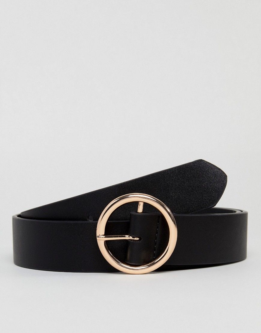 ASOS Slim Belt In Black Faux Leather And Gold Circle Buckle - Black | ASOS US