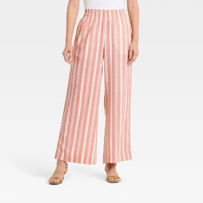 Women's Linen Wide Leg Pull-On Pants - A New Day™ Red/White Striped XS | Target