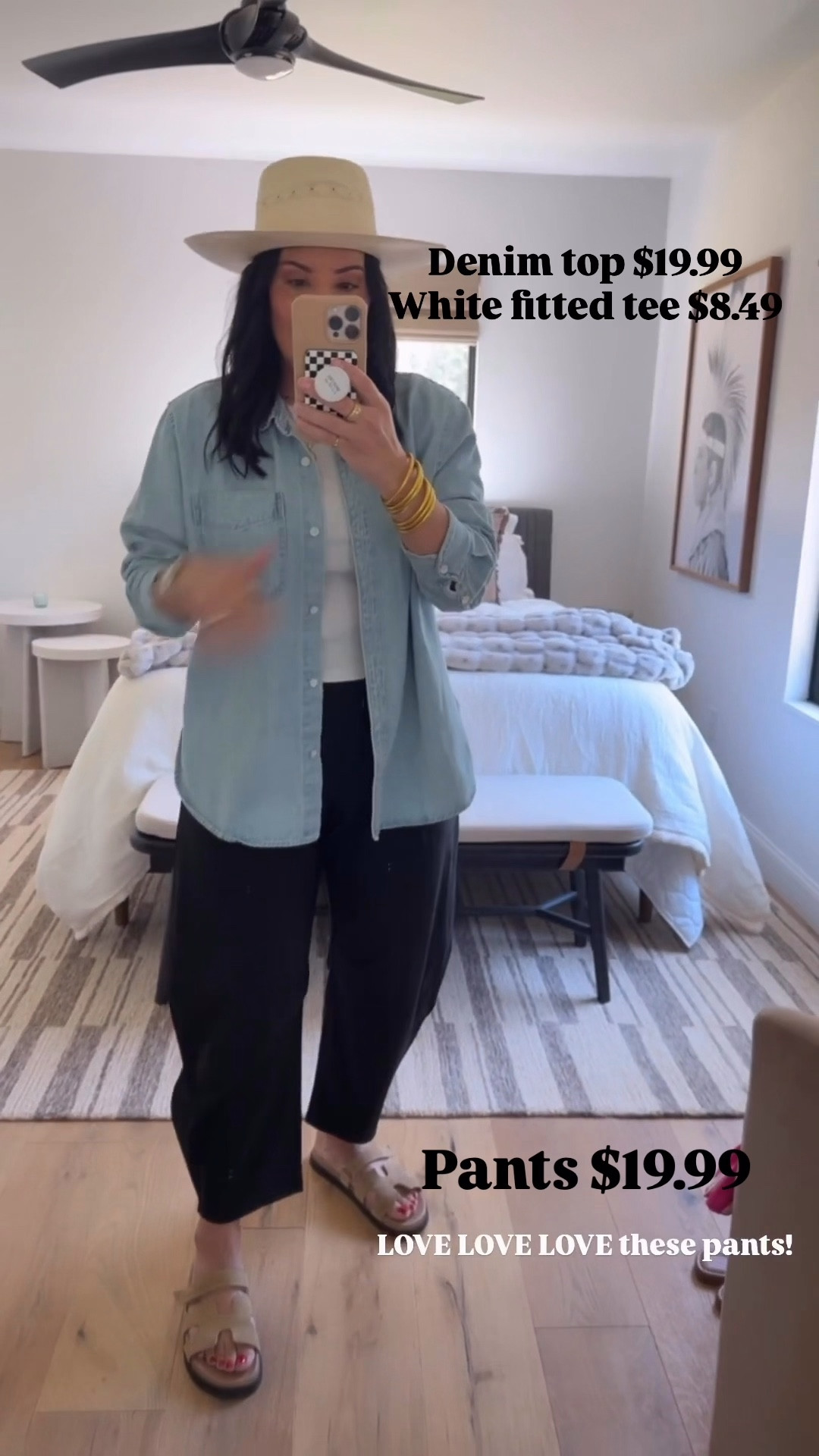 Denim top size medium, t-shirt size large, pants size medium. 

#LTKTravel #LTKOver40 #LTKSaleAlert