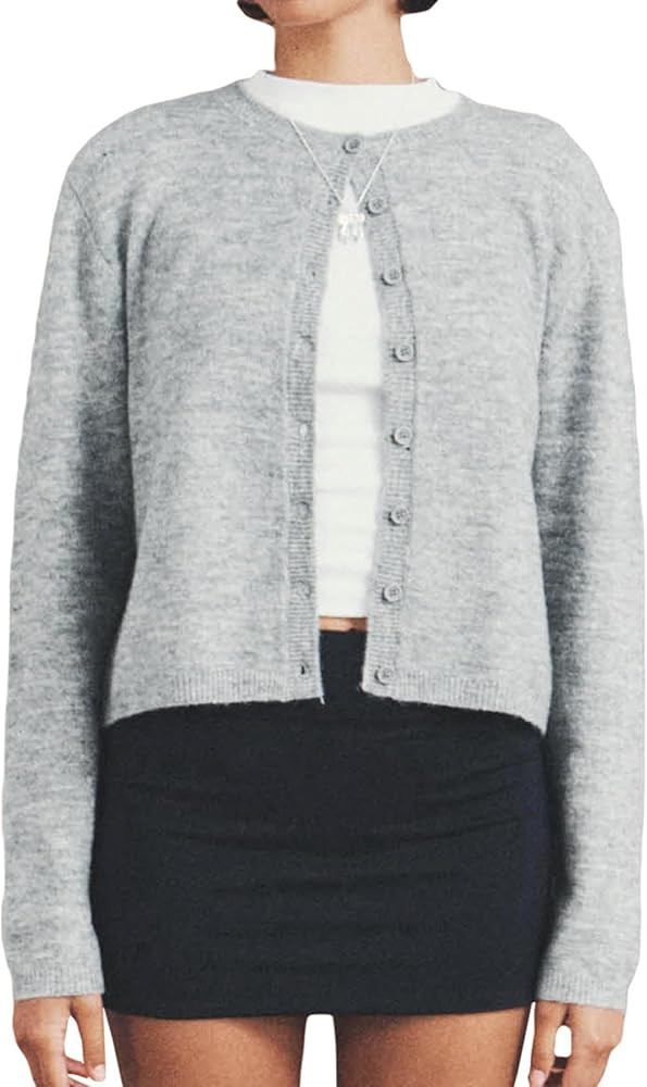 Women Y2k Crop Cardigan Long Sleeve Button Down Sweater Lightweight Solid Color Open Front Cute K... | Amazon (US)