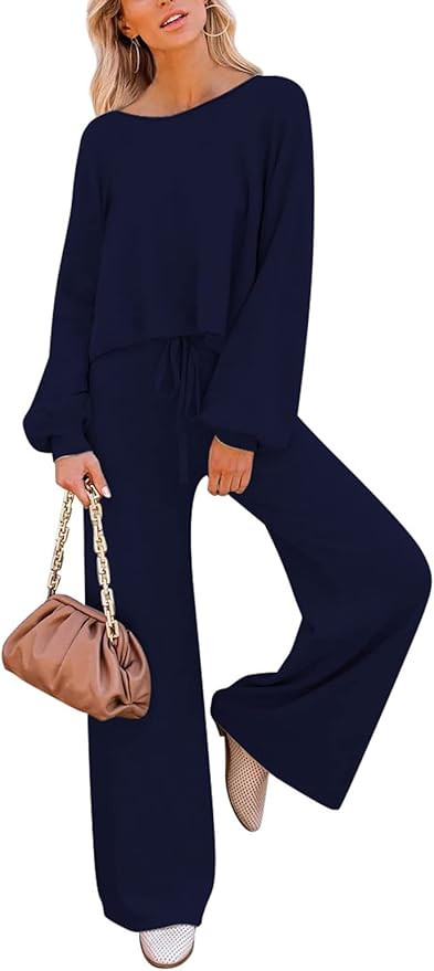 Pink Queen Women's 2 Piece Outfit Sweater Set Long Sleeve Crop Knit Top and Wide Leg Long Pants S... | Amazon (US)
