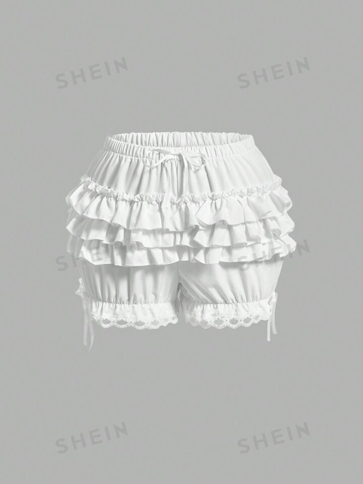 ROMWE Kawaii Women's Solid Color Patchwork Multi-Layer Ruffle Hem Shorts | SHEIN