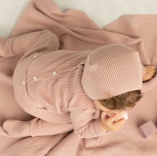 Ruffled Collar Ribbed Knit Romper & Bonnet | Feltman Brothers