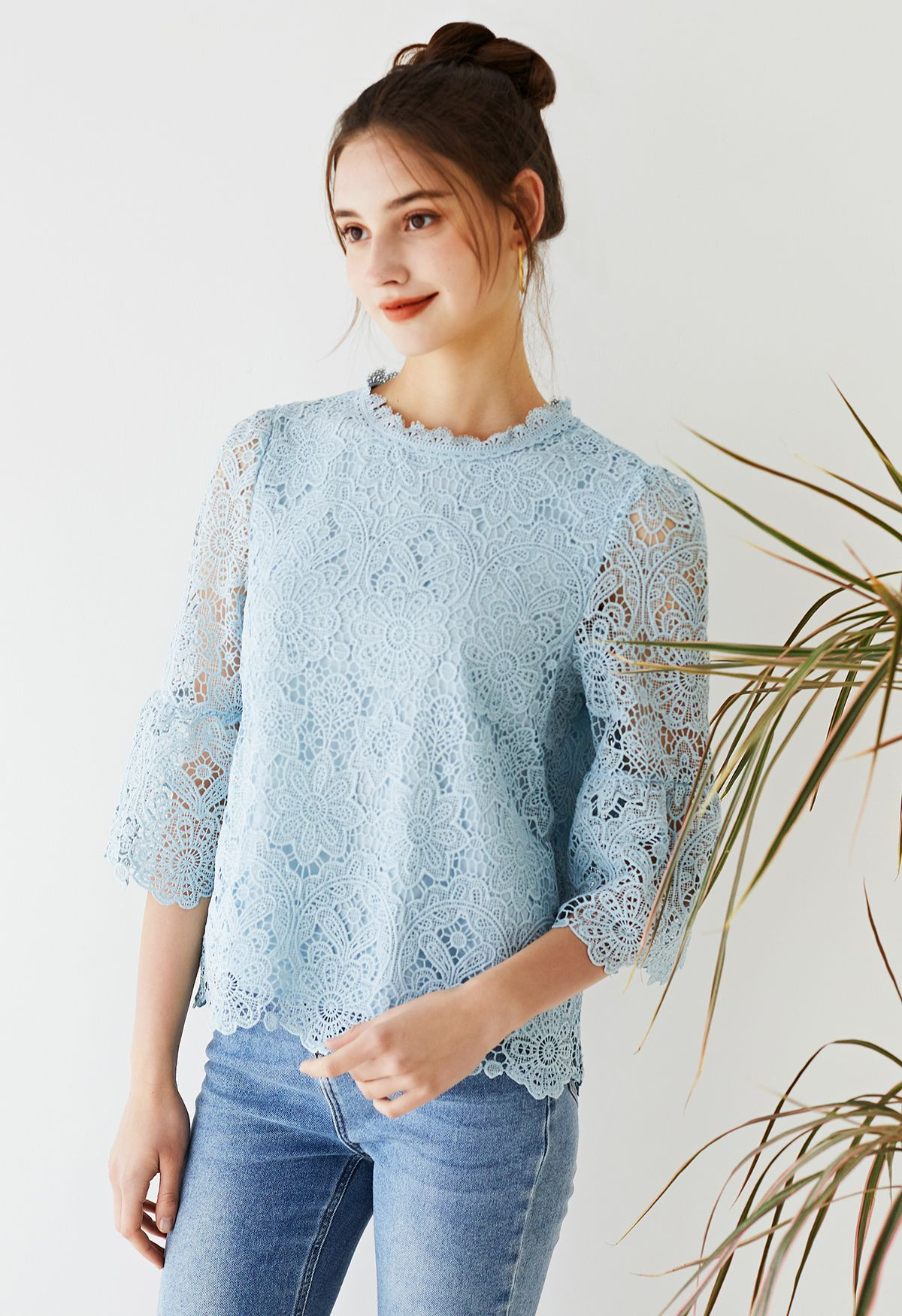 Fancy Flower Cutwork Flare Sleeves Top in Blue | Chicwish