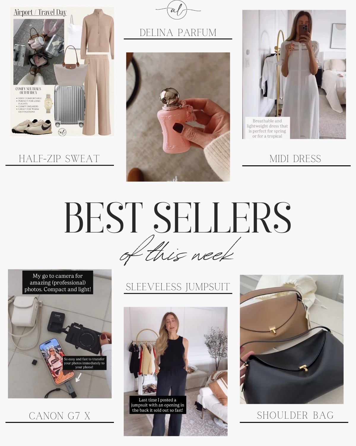 Best seller of this week 
Half-zip sweat, Delina parfum, midi dress, canon G7 X, sleeveless jumpsuit, shoulder bag 

#LTKootd #LTKU #LTKSeasonal