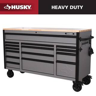 Heavy Duty 61 in. W x 23 in. D 15-Drawer Matte Gray Mobile Workbench Cabinet with Solid Wood Top | The Home Depot