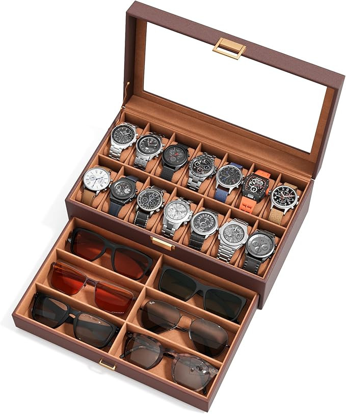 Watch Case Box for Men – 14 Slots Watch Display Organizer with 6-Compartment Eyeglasses Storage... | Amazon (US)