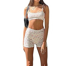Y2k Long Sleeve One Piece Bodysuit V Neck Bodycon Floral Print Shorts Stretchy Pajama Playsuit Ro... | Amazon (UK)