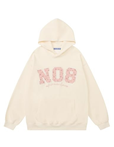 Aelfric Eden Womens Oversized Graphic Hoodies Y2k Flower Embroidery Number Print Pullover Hooded Sweatshirt Unisex Apricot X-Small | Amazon (US)