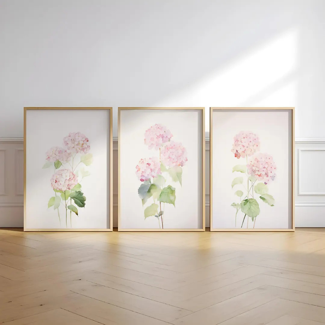 Pink Hydrangea, Watercolor Painting, Minimalist Wall Decor, Nursery Wall Art, Pink Floral Art, Se... | Etsy (US)