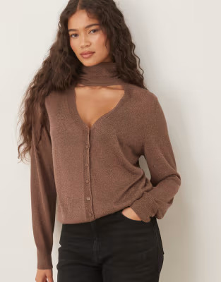 Mango fine knit cardigan with neck tie in brown | ASOS (Global)