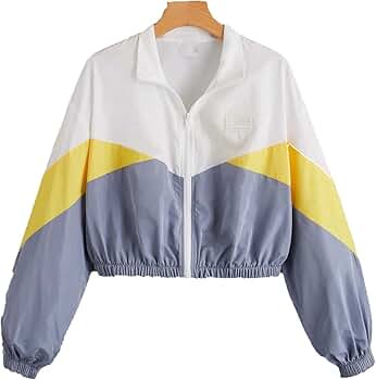 SweatyRocks Women's Long Sleeve Full Zip Cropped Jacket Color Block Windbreaker Coat | Amazon (US)